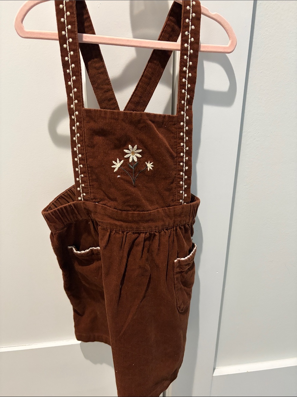 Zara Brown Corduroy Pinafore Dress with White Floral Embroidery